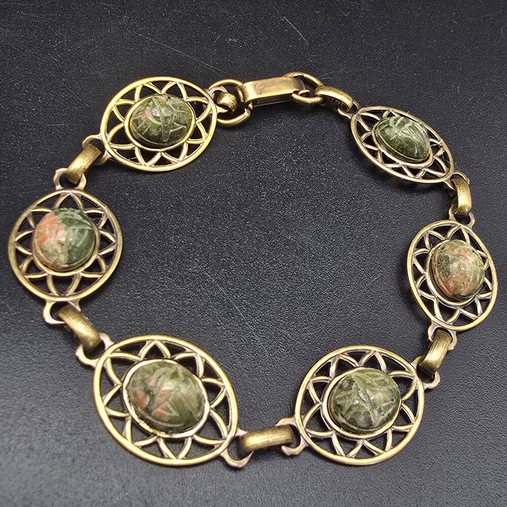 Unakite Scarab Bracelet Brass Filigree Links Vintage Egyptian Revival
